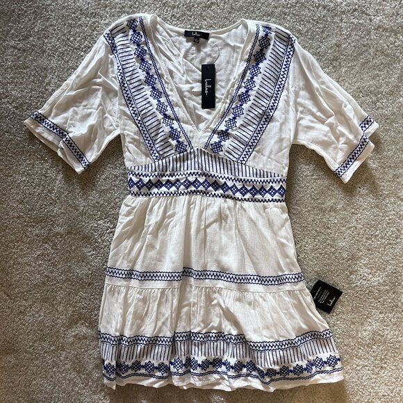 Lulus Gone to Greece White Embroidered Short Sleeve V-Neck Mini Dress, L - Picture 3 of 9